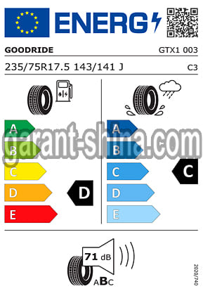 Goodride GTX1 (прицепная) 235/75 R17.5 143/141J 16PR - Фото этикетки шины